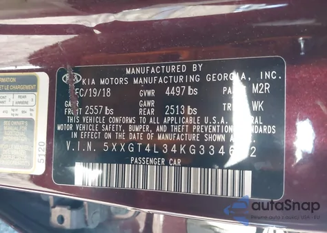 2019 Kia Optima Lx z USA, uszkodzony, nr VIN 5XXGT4L34KG334682